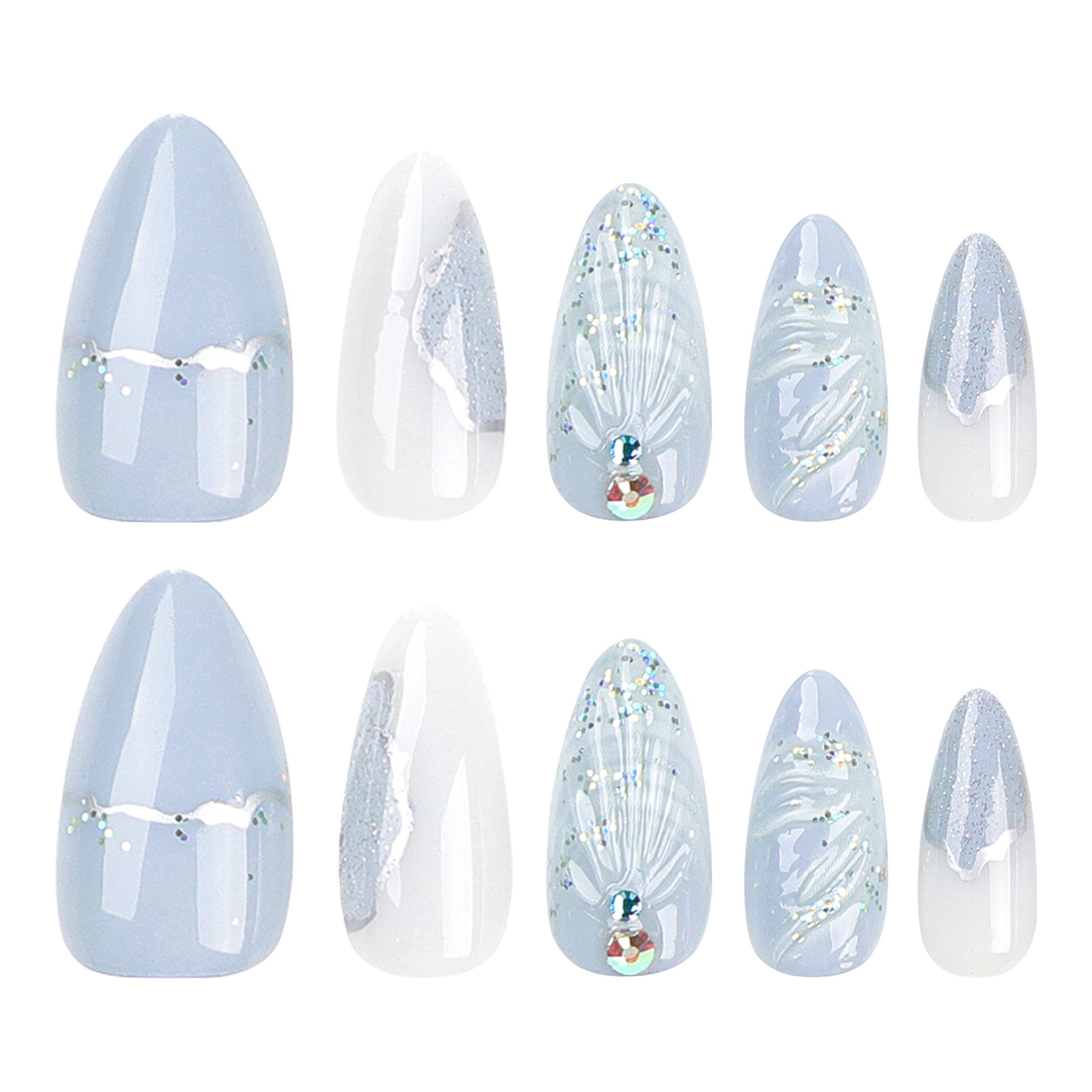 Almond Nägel Press On Nails in Blau mit 3D Wassertropfen Muscheln