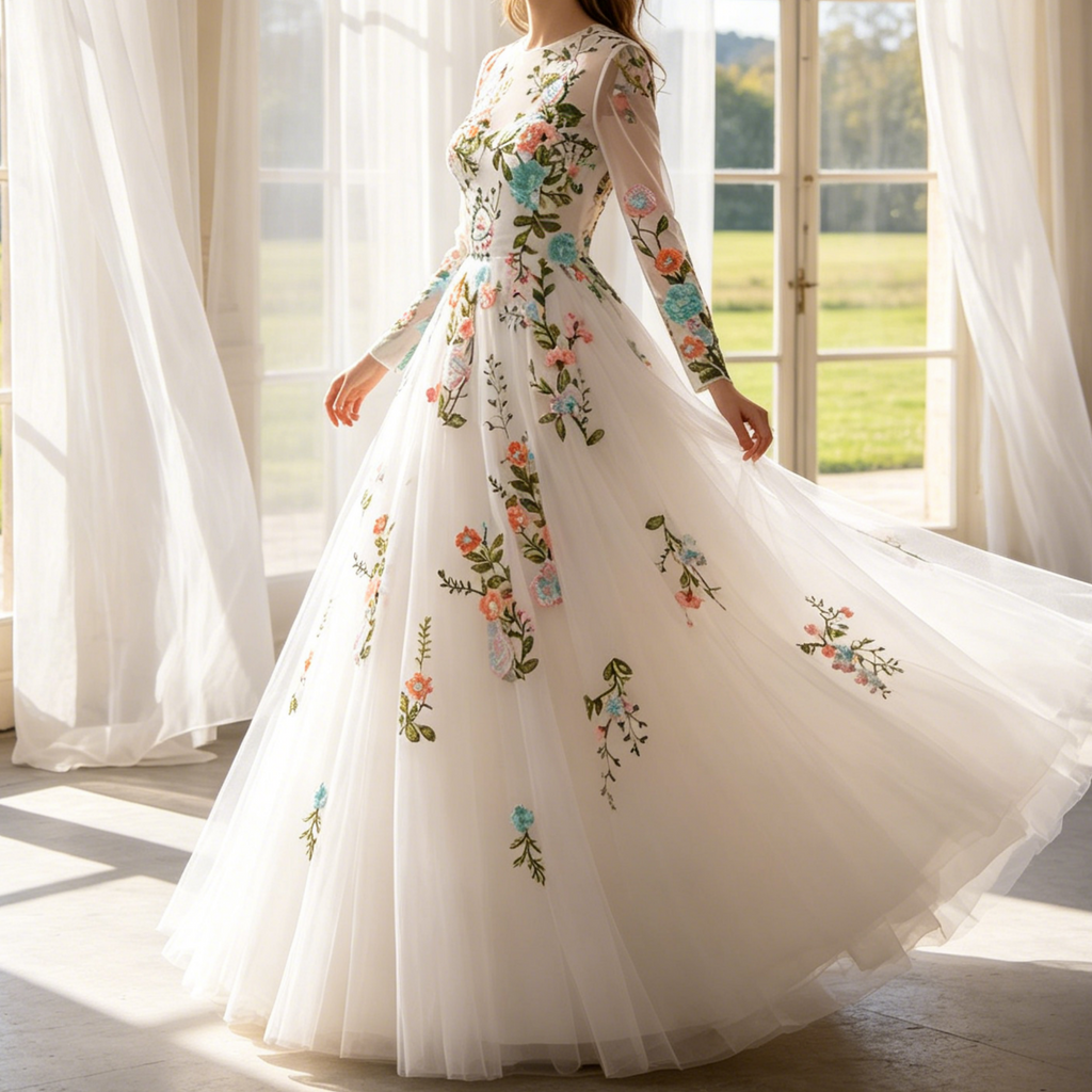 Exklusives Maxikleid in Elfenbein – Elegantes Modell mit kunstvoller Stickerei, fließendem Tüll und langen Ärmeln