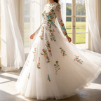 Exklusives Maxikleid in Elfenbein – Elegantes Modell mit kunstvoller Stickerei, fließendem Tüll und langen Ärmeln