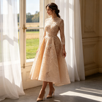 Besticktes Midikleid für Damen, Champagnerfarben, A-Linie mit Pailletten, Elegantes Abendkleid mit 3/4-Arm