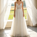 Elegantes in Weiß – A-Linien-Modell mit floraler Spitze und fließendem Tüll in Teelänge