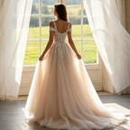 Maxikleid mit Off-Shoulder-Trägern und floraler Spitze – A-Linie – Champagner/Rosé