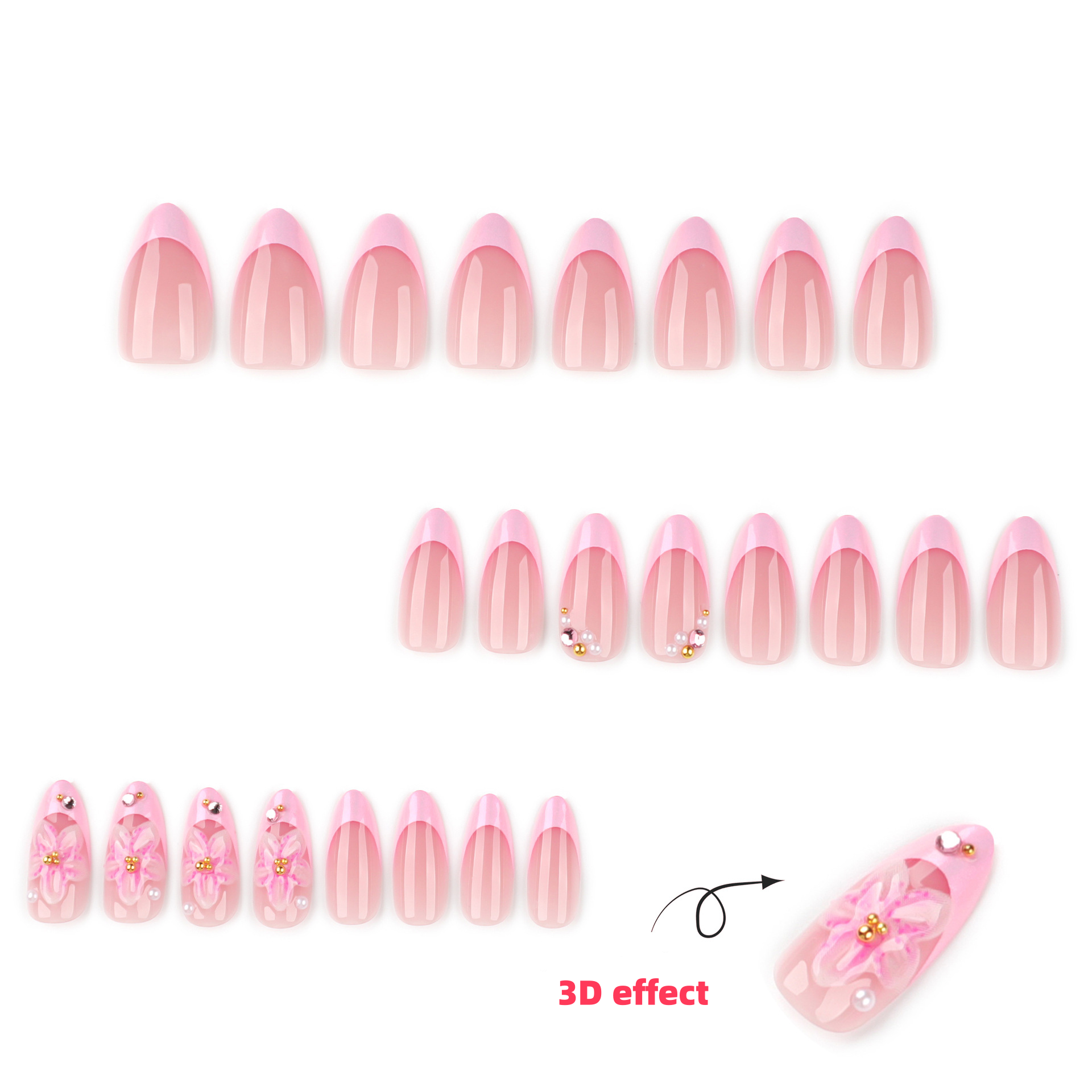 Almond Nägel Press On Nails mit 3D Rosa Blumen und French Perlmutt Finish