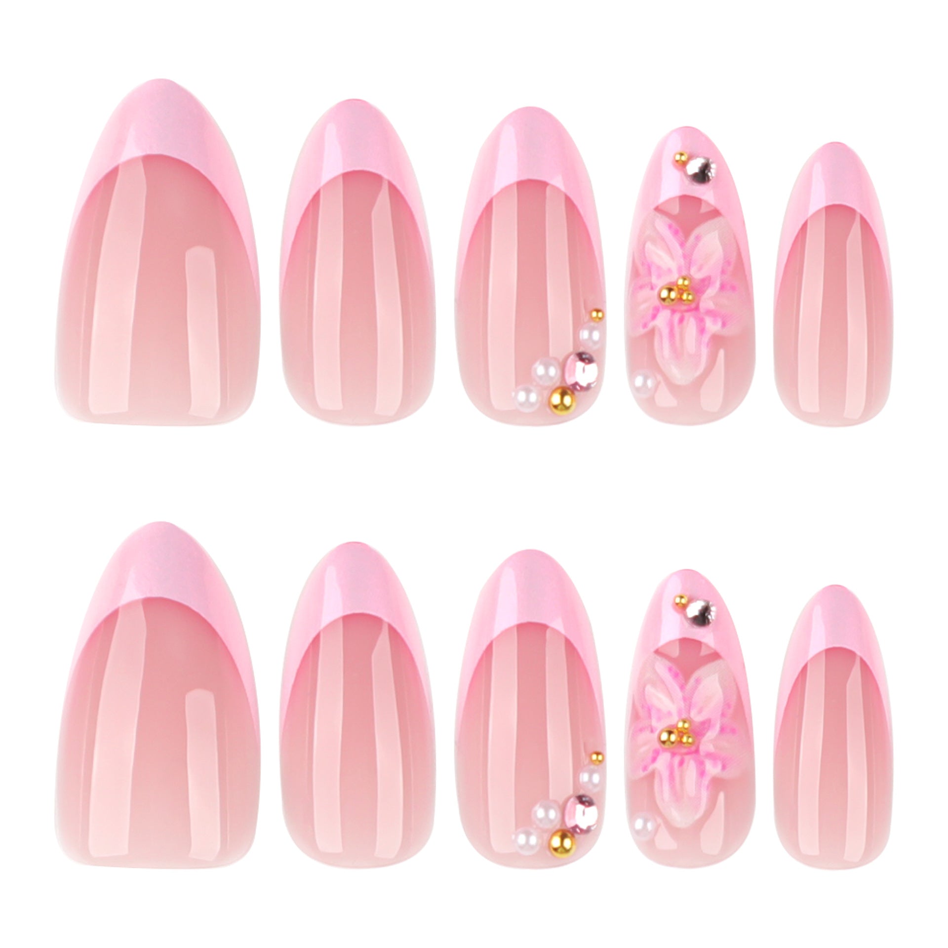 Almond Nägel Press On Nails mit 3D Rosa Blumen und French Perlmutt Finish