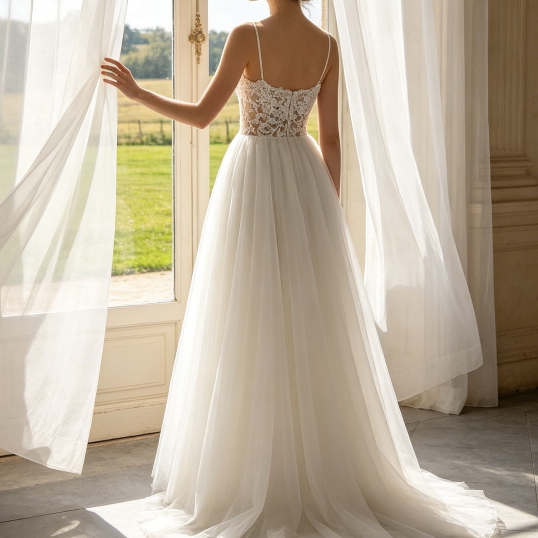 Elegantes in Weiß – A-Linien-Modell mit floraler Spitze und fließendem Tüll in Teelänge