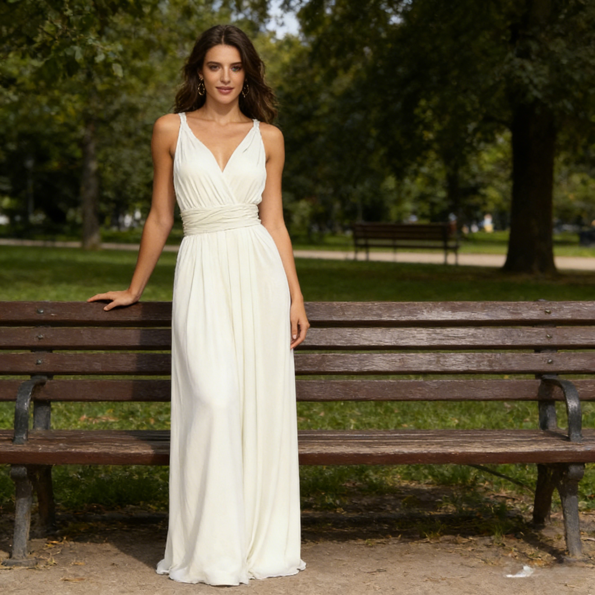 Elegantes Multiway Maxikleid Weiß Rückenfrei Abendkleid mit Elastischer Taille