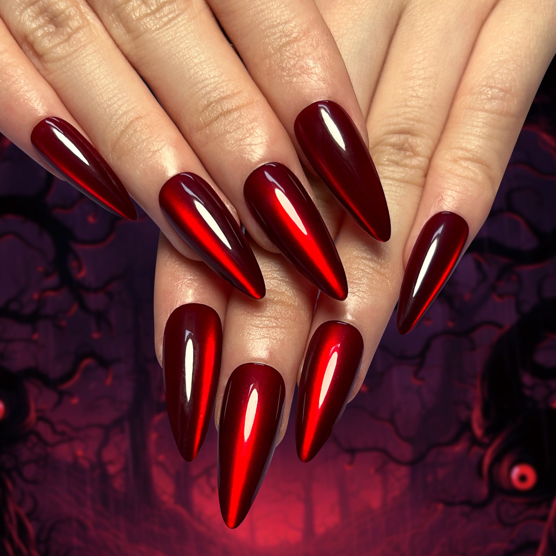 Almond Nägel Press On Nails mit Rotem Cat Eye Effekt für Halloween