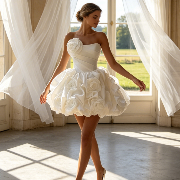 Weißes trägerloses Cocktailkleid mit 3D-Blumenapplikationen – Drapiertes Minikleid in Ballon-Optik
