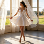 Besticktes Mini-Abendkleid mit Langarm und V-Ausschnitt – A-Linie – Weiß