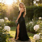 Exklusives Abendkleid Schwarz One-Shoulder mit Pailletten und hohem Beinschlitz