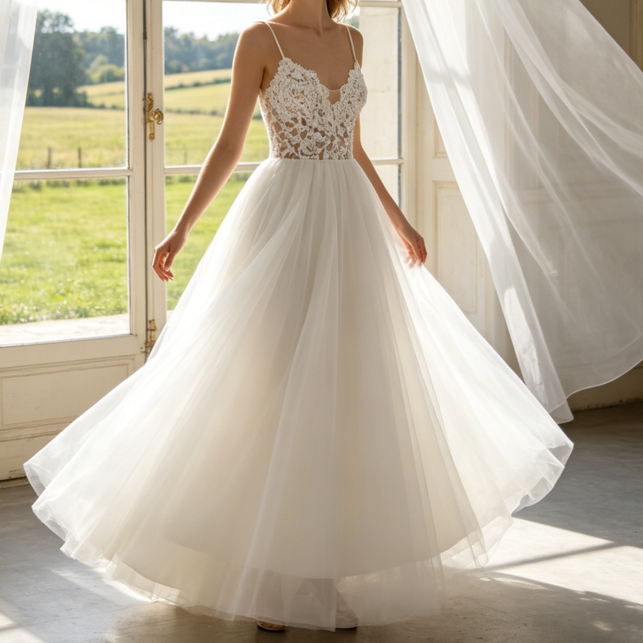 Elegantes in Weiß – A-Linien-Modell mit floraler Spitze und fließendem Tüll in Teelänge