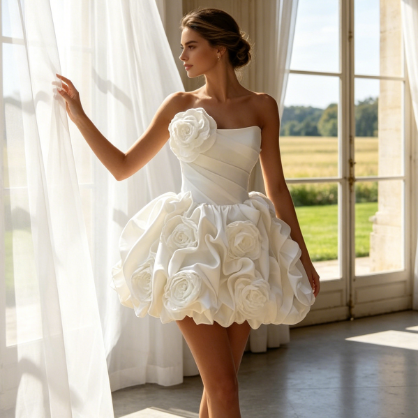 Weißes trägerloses Cocktailkleid mit 3D-Blumenapplikationen – Drapiertes Minikleid in Ballon-Optik