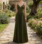 Elegantes olivgrünes Maxikleid in A-Linie – Spaghettiträgern und Rüschen
