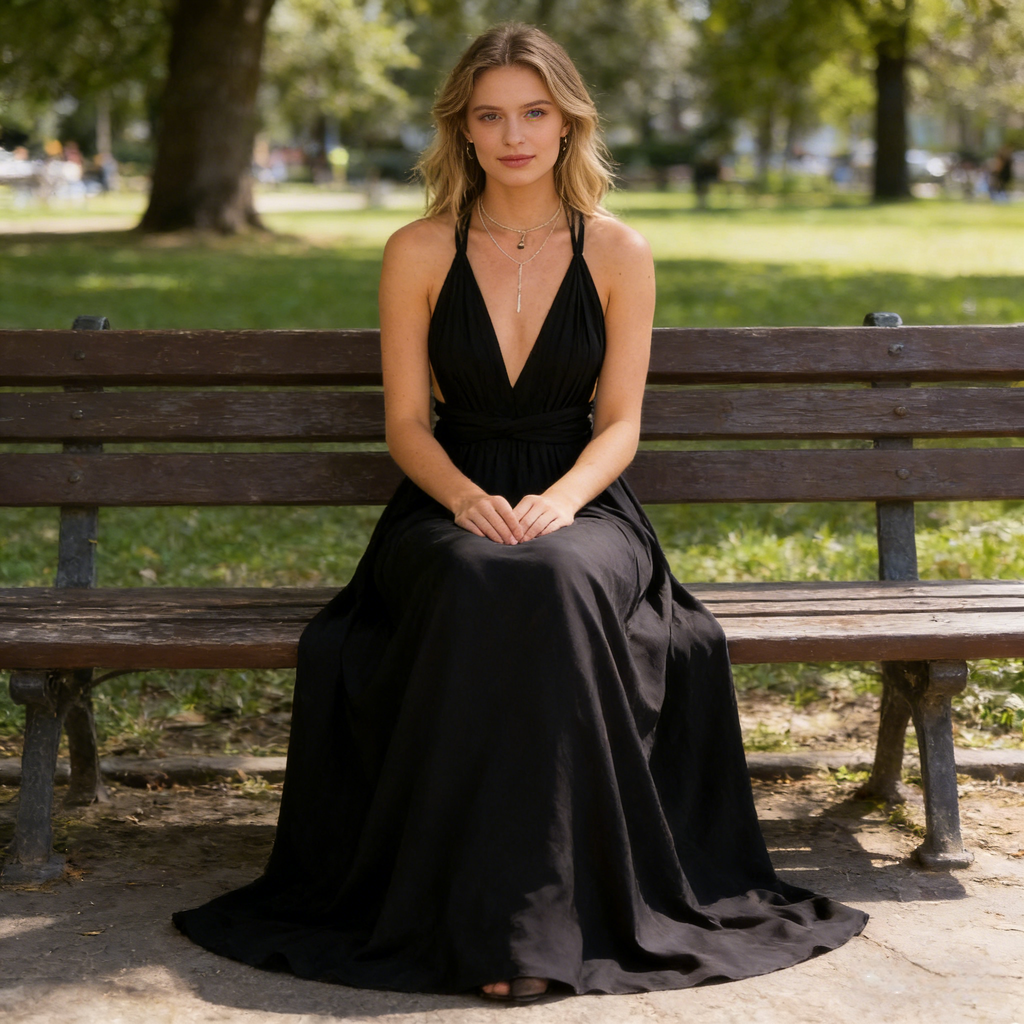 Elegantes Multiway Maxikleid Schwarz Rückenfrei V Ausschnitt Sommerliches Abendkleid