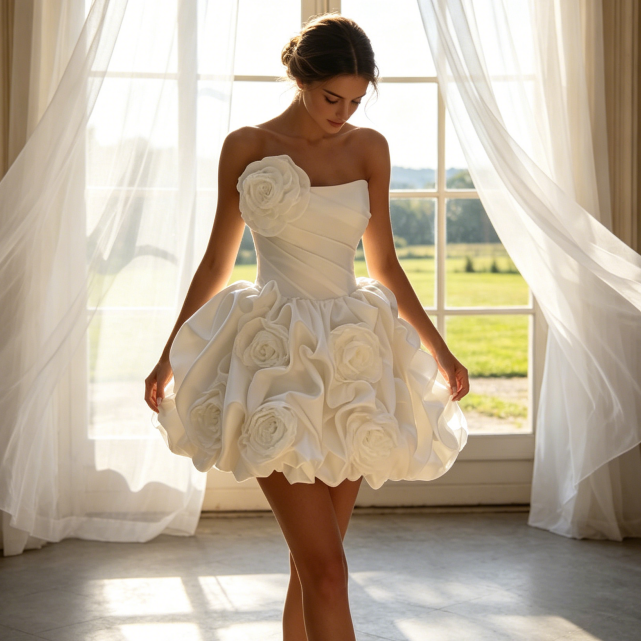 Weißes trägerloses Cocktailkleid mit 3D-Blumenapplikationen – Drapiertes Minikleid in Ballon-Optik