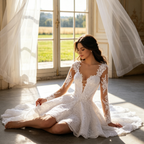 Besticktes Mini-Abendkleid mit Langarm und V-Ausschnitt – A-Linie – Weiß