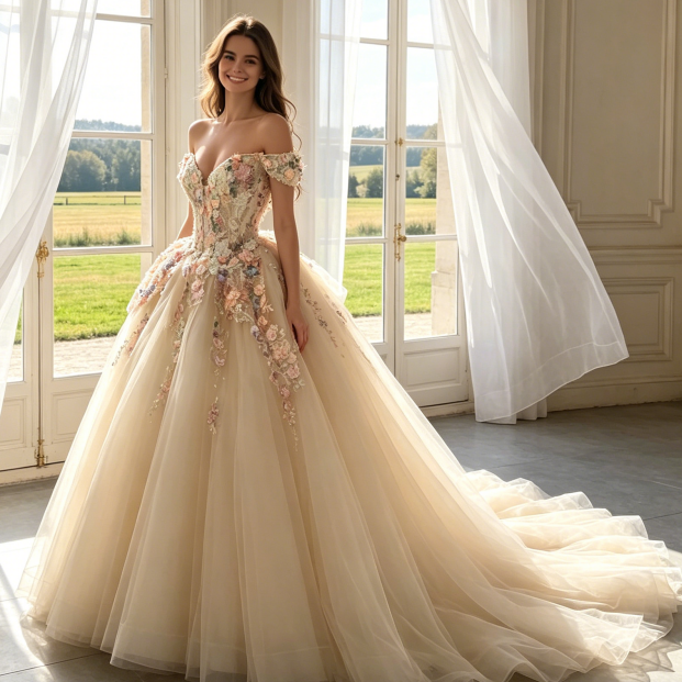Abendkleid in Champagner mit bunten 3D-Blumen-Applikationen und Tüllrock – Off-Shoulder