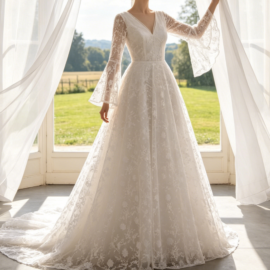 Elegantes Maxikleid in Elfenbein – A-Linien-Modell mit kunstvoller Spitze, V-Ausschnitt und langen Ärmeln