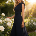 Elegantes Abendkleid Anthrazit Off-Shoulder mit Floraler Bestickung Maxikleid