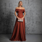 Elegantes Abendkleid Satin Rostrot Off Shoulder Bodenlanges Ballkleid für Galas und Events