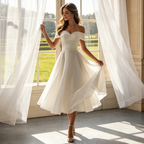 Damen Midi Cocktailkleid Weiß Off-Shoulder A-Linie für Formelle Anlässe