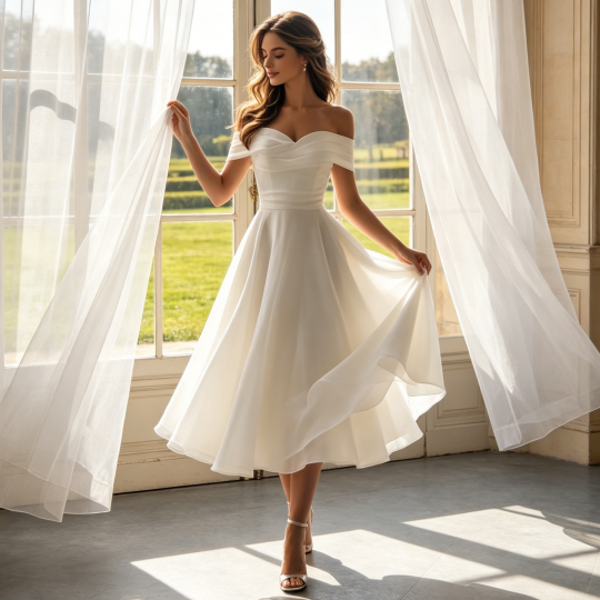 Damen Midi Cocktailkleid Weiß Off-Shoulder A-Linie für Formelle Anlässe
