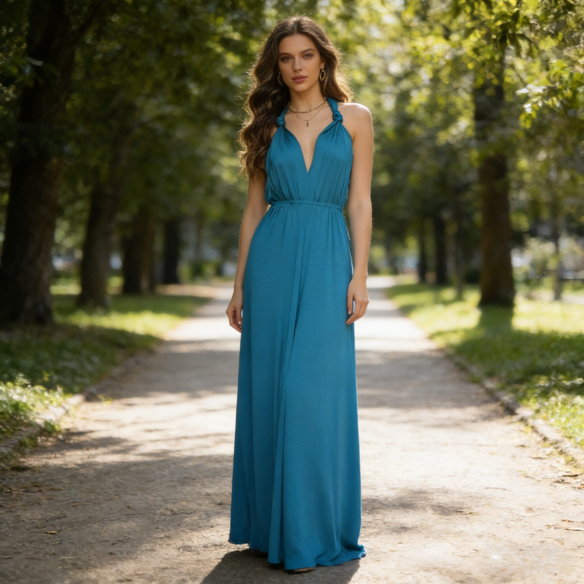 Luftiges Maxikleid Blau Neckholder Baumwollmischung V Ausschnitt Sommerliches Bodenlang