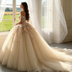 Abendkleid in Champagner mit bunten 3D-Blumen-Applikationen und Tüllrock – Off-Shoulder