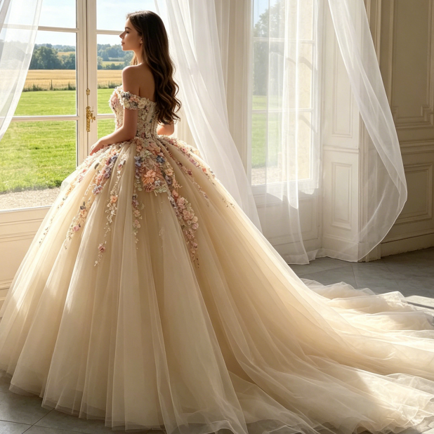 Abendkleid in Champagner mit bunten 3D-Blumen-Applikationen und Tüllrock – Off-Shoulder