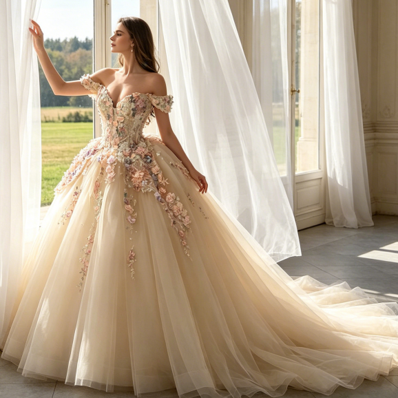 Abendkleid in Champagner mit bunten 3D-Blumen-Applikationen und Tüllrock – Off-Shoulder