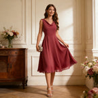 Elegantes Cocktailkleid Dunkelrosa mit Wasserfall-Ausschnitt und Cape-Rücken Midi