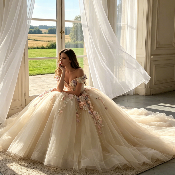 Abendkleid in Champagner mit bunten 3D-Blumen-Applikationen und Tüllrock – Off-Shoulder