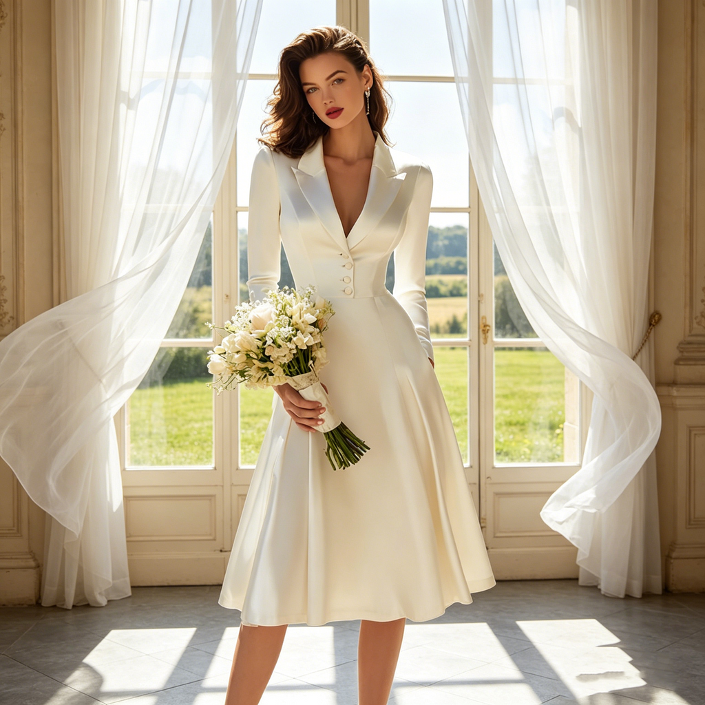 Elegantes Midikleid in Elfenbein – A-Linien-Modell aus fließendem Satin mit modernem Reverskragen und zeitloser Silhouette