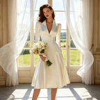 Elegantes Midikleid in Elfenbein – A-Linien-Modell aus fließendem Satin mit modernem Reverskragen und zeitloser Silhouette