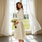 Elegantes Midikleid in Elfenbein – A-Linien-Modell aus fließendem Satin mit modernem Reverskragen und zeitloser Silhouette