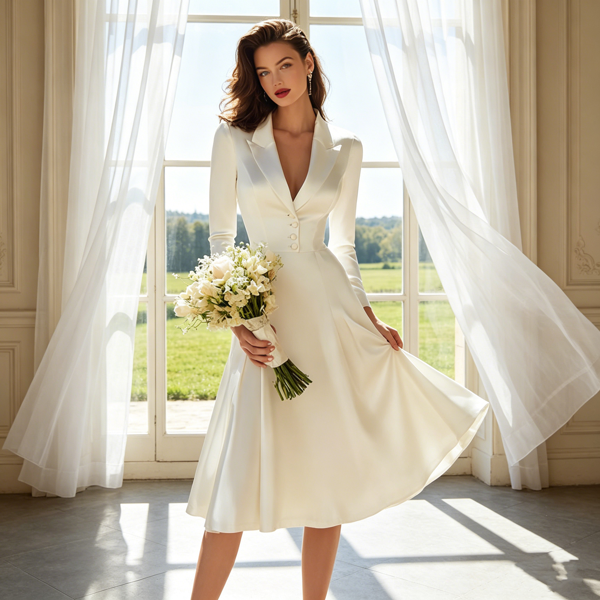 Elegantes Midikleid in Elfenbein – A-Linien-Modell aus fließendem Satin mit modernem Reverskragen und zeitloser Silhouette