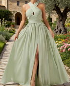 Elegantes Boho-Maxikleid in Dusty Sage – Chiffon-dekorativer Knopfleiste