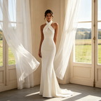 Elegantes Maxikleid in minimalistischem Design – Figurbetontes Etuimodell mit sophisticated Neckholder-Ausschnitt