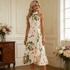 Sommerliches Cocktailkleid mit Blumenmuster Neckholder und Volant-Saum Midi
