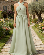 Elegantes Boho-Maxikleid in Dusty Sage – Chiffon-dekorativer Knopfleiste