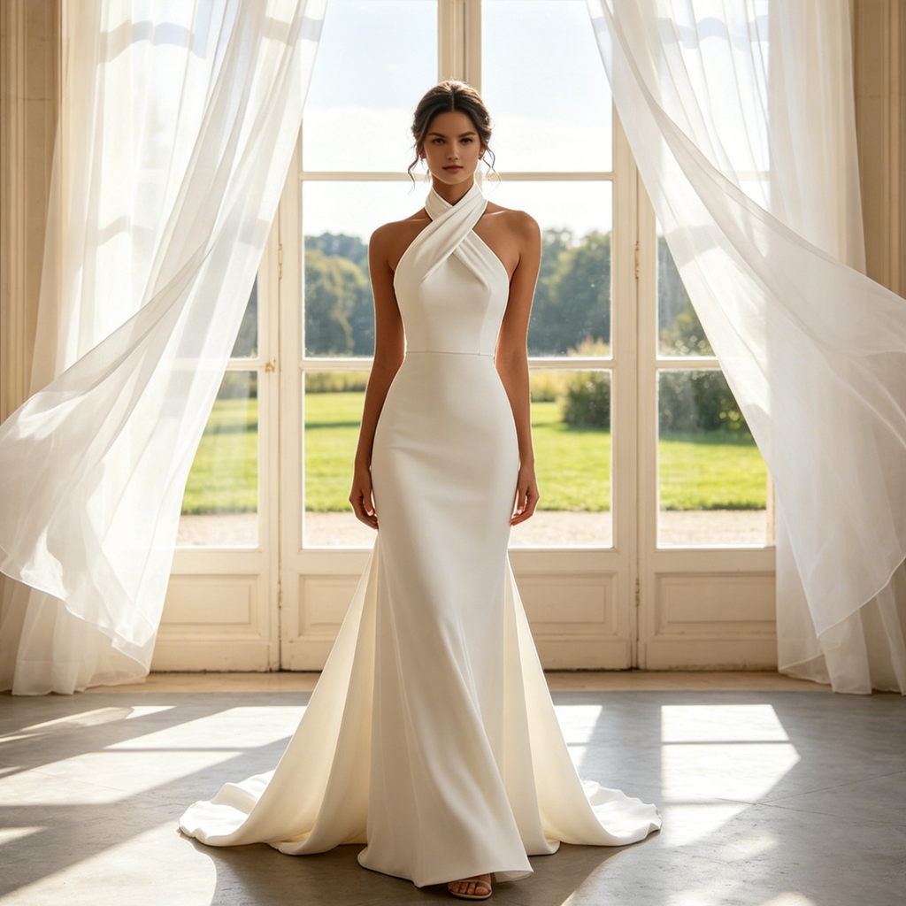 Elegantes Maxikleid in minimalistischem Design – Figurbetontes Etuimodell mit sophisticated Neckholder-Ausschnitt