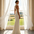 Elegantes Maxikleid in minimalistischem Design – Figurbetontes Etuimodell mit sophisticated Neckholder-Ausschnitt