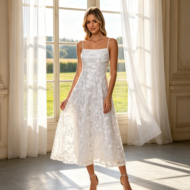 Elegantes Midikleid-Abendkleid aus Spitze - Filigrane Spaghettiträger - Elfenbein Off-White