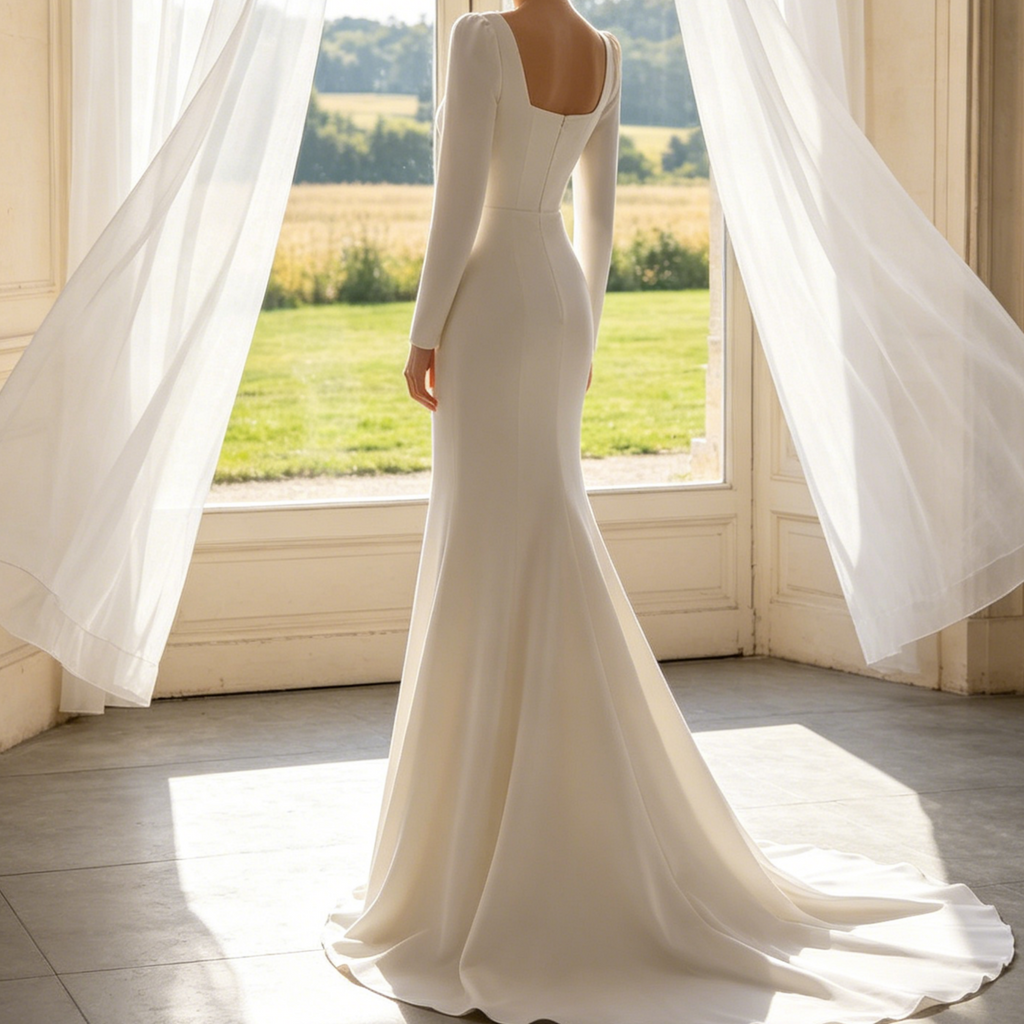 Exklusives Maxikleid in Elfenbein – Figurbetontes Modell mit modernem Karree-Ausschnitt, langen Ärmeln und Meerjungfrau-Silhouette