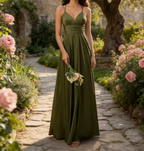 Elegantes olivgrünes Abendkleid in A-Linie, V-Ausschnitt, ärmelloses langes