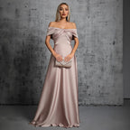 Elegantes Abendkleid Satin Champagner Off Shoulder Bodenlanges Ballkleid für Galas Events