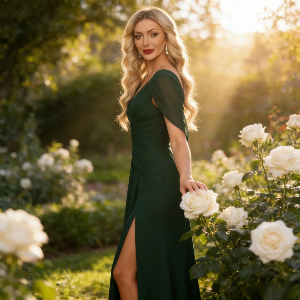 Elegantes Abendkleid Dunkelgrün V-Ausschnitt mit Cape-Ärmeln und Beinschlitz