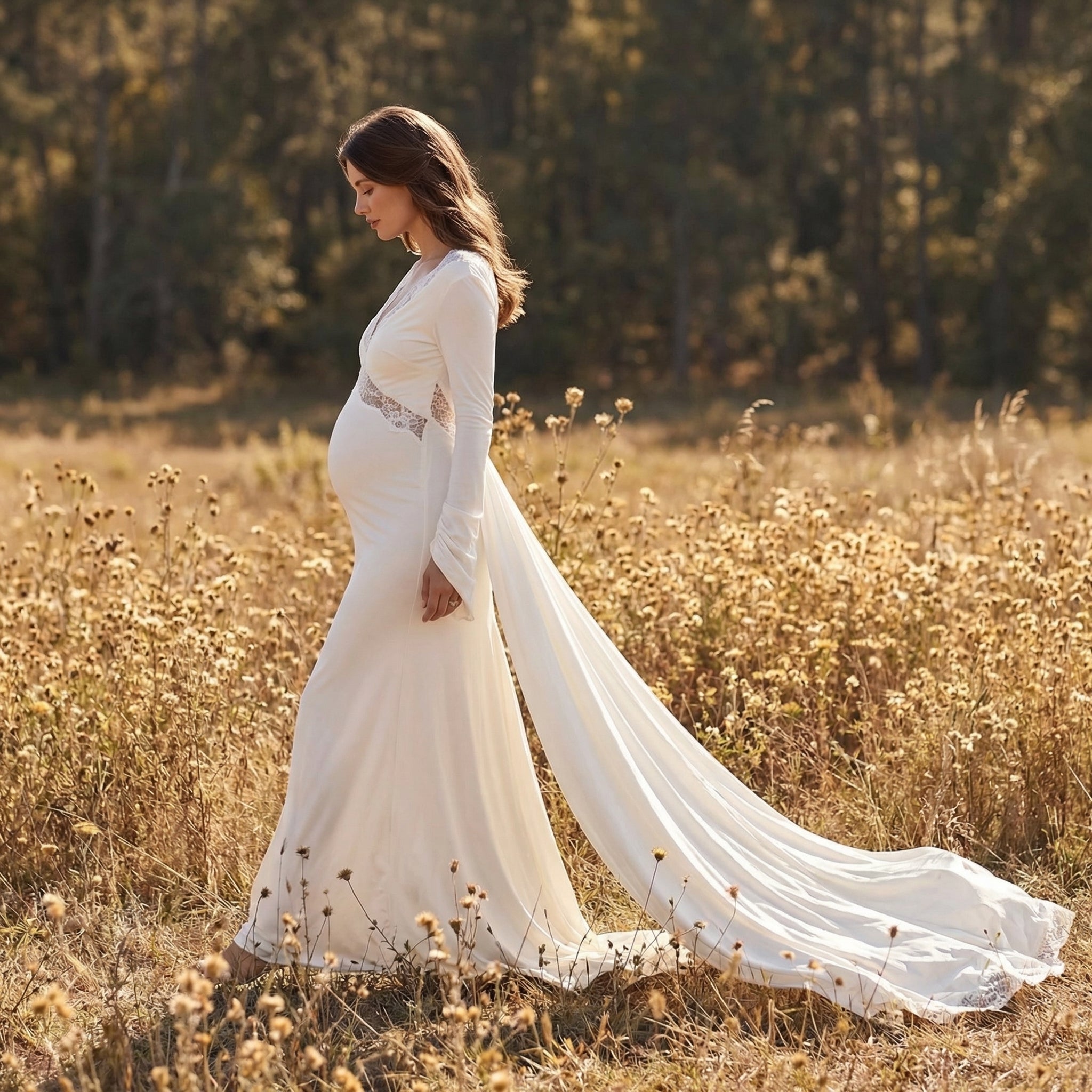 Exquisites Langarm-Maxi-Kleid mit Trompetenärmeln – Modisches Spitzenkleid mit figurbetonter Silhouette für stilvolle Fotoshootings