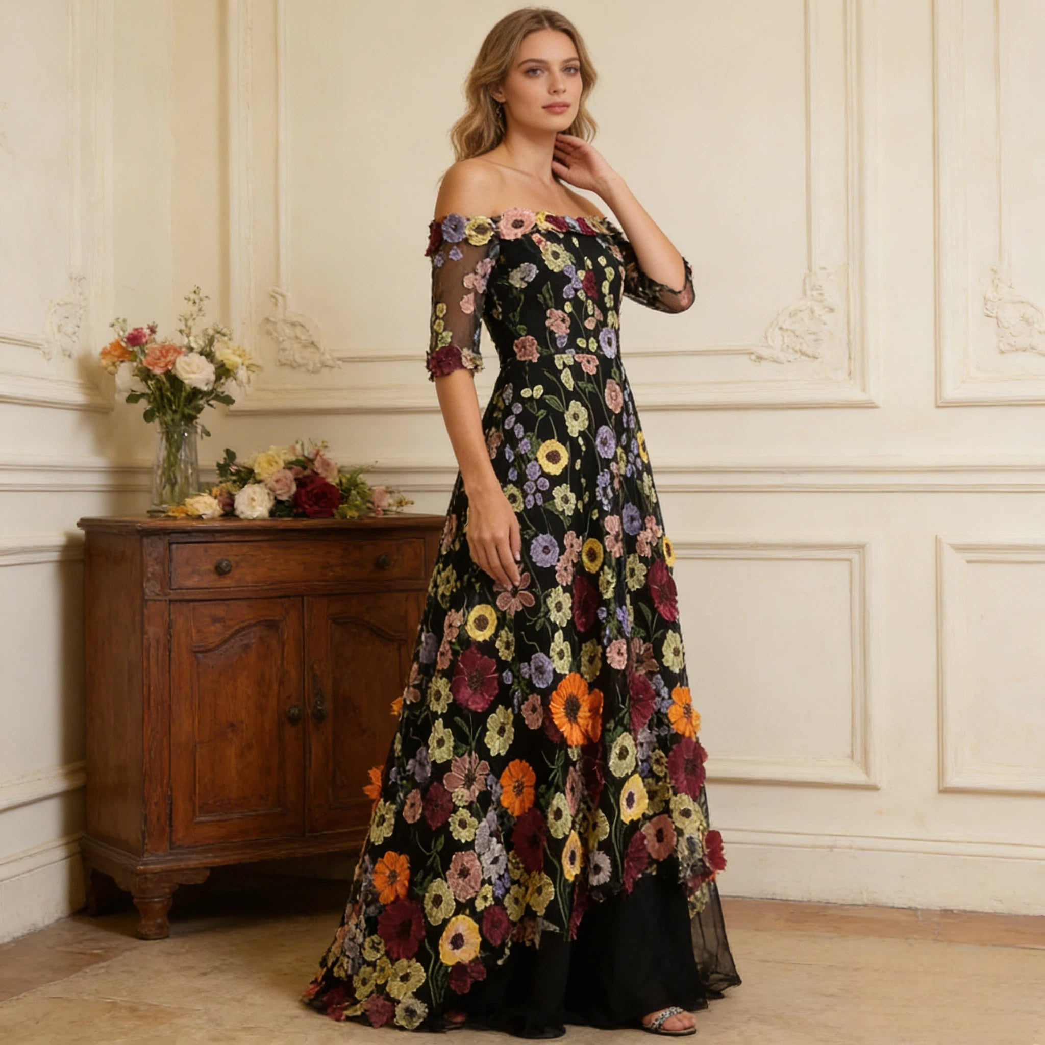 Exklusives Cocktailkleid Schwarz mit bunten 3D-Blumenstickereien Off-Shoulder Vokuhila