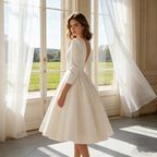 Elegantes Midikleid in Elfenbein – A-Linien-Modell mit femininem V-Ausschnitt, 3/4-Ärmeln und zeitloser Ausstrahlung